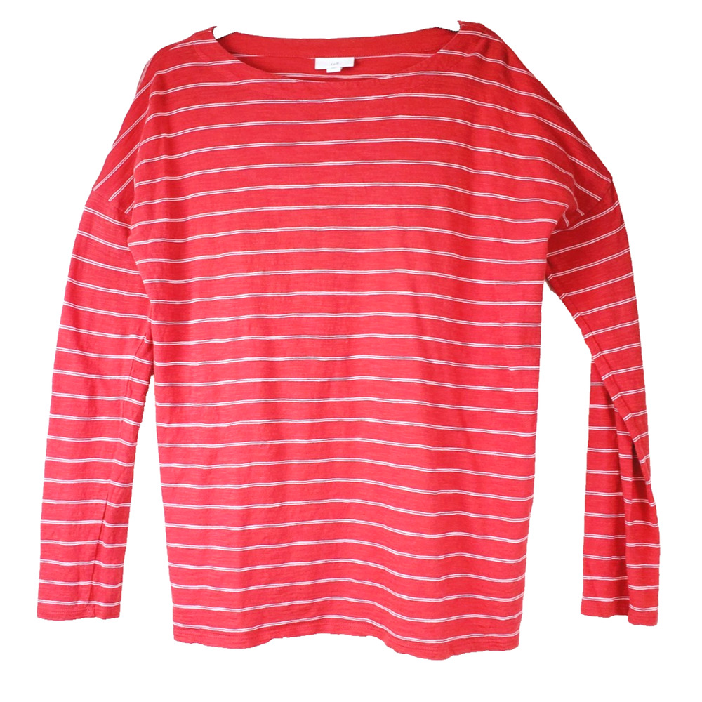 J Jill Top Womens Small TALL Striped Red & White Boatneck 100% Cotton Long Sleev